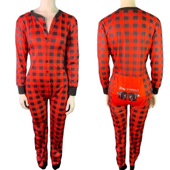 OVERALL PYJAMAS PLAID RED BLACK  BEAR CHEEKS MOM NIGHTWEAR SIZE MEDIUM - Picture 1 of 16